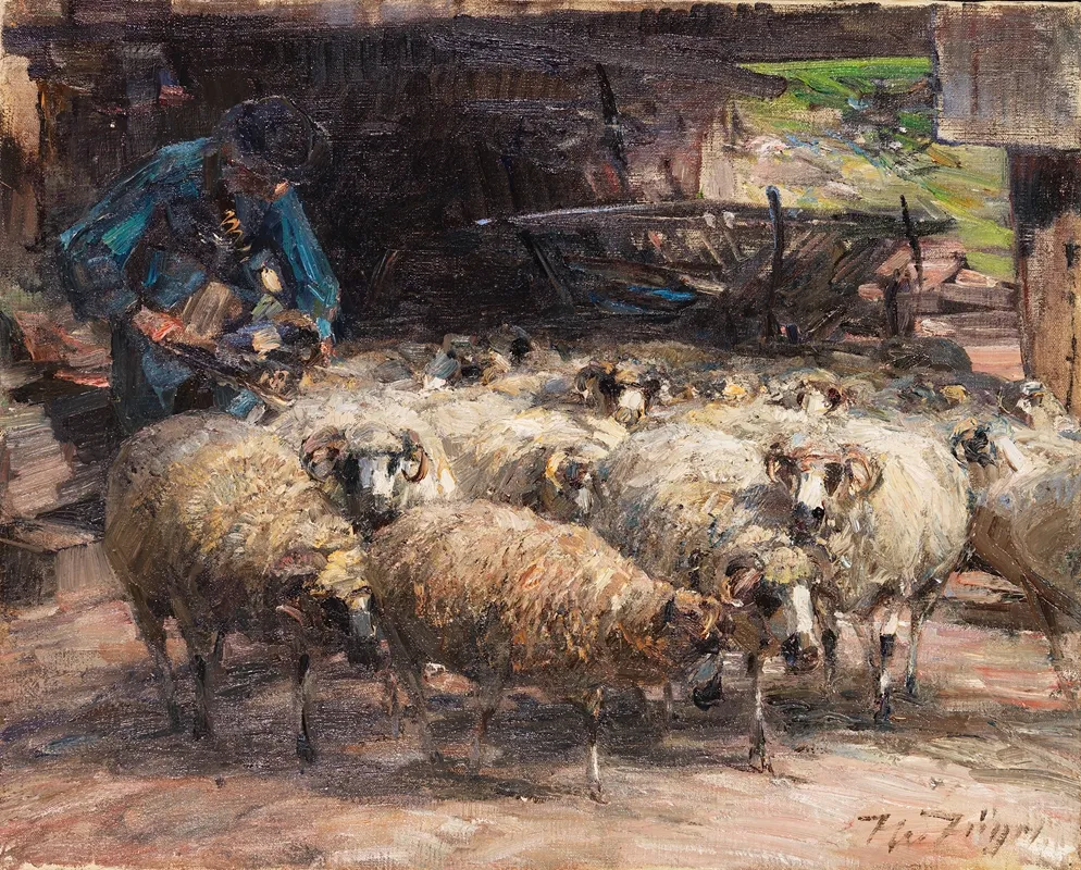 Schafer Mit Herde Am Brunnen