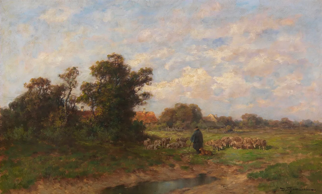 Schafer Mit Seiner Herde Am Dorfrand by Désiré Thomassin - Canvas Print