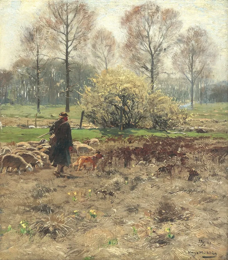 Schafer Mit Seiner Herde Im Vorfruhling by Hugo Mühlig - Canvas Print