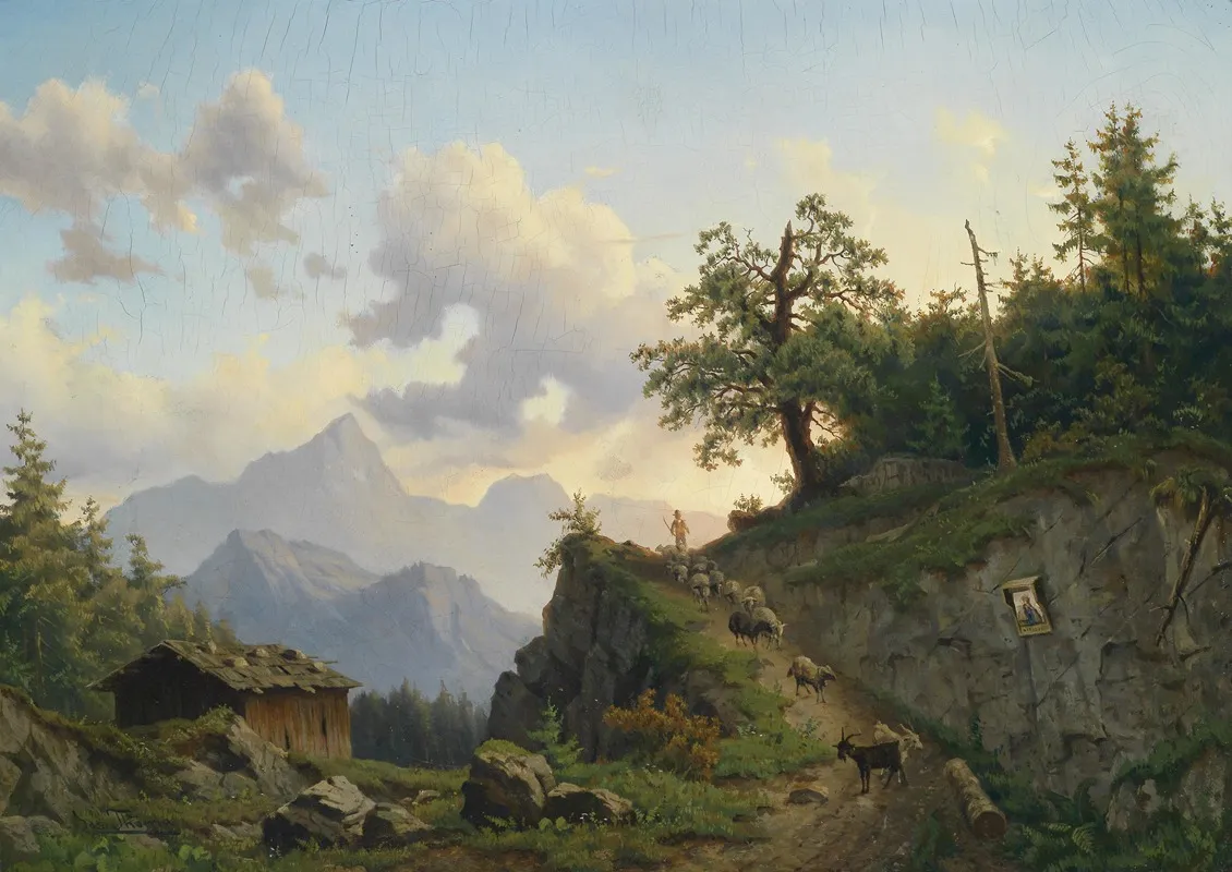 Schafhirte Mit Seiner Herde Am Heimweg by Josef Thoma - Canvas Print