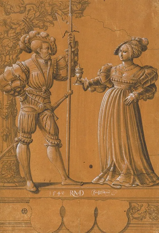 Scheibenriss Mit Frau Die Einem Landsknecht Den Willkommtrunk Reicht