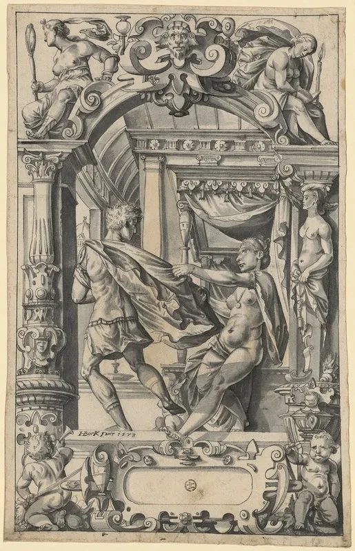 Scheibenriss Mit Josefs Flucht Vor Potiphars Weib In Den Oberbildern Fides Und Prudentia