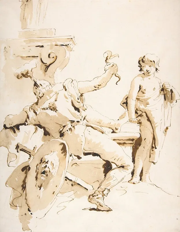 Scherzo Di Fantasia Seated Warrior Holding A Serpent And Standing Youth
