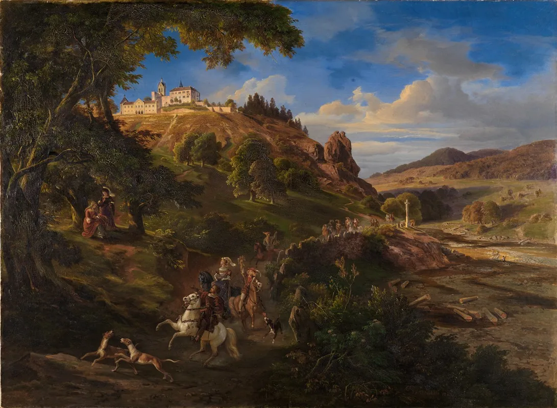 Schlos Eberstein Bei Gernsbach Mit Mittelalterlichem Jagdzug by Daniel Fohr - Canvas Print