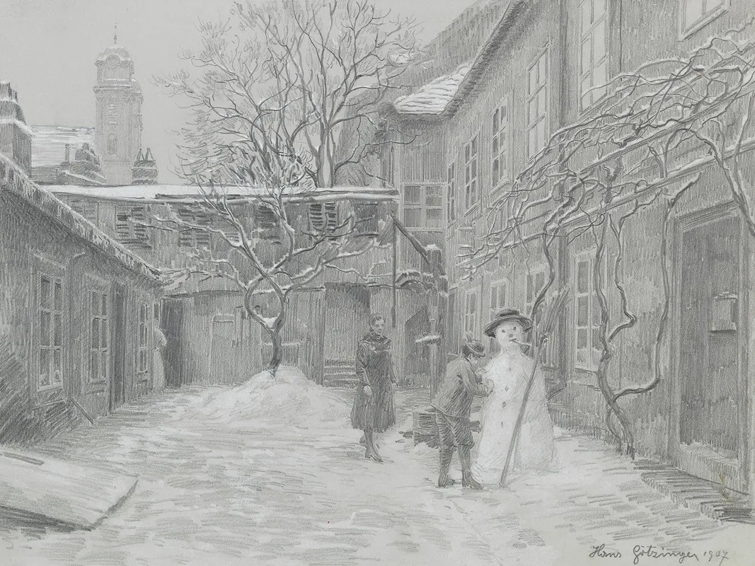 Schneemann In Einem Hof In Lichtenthal by Hans Götzinger - Canvas Print