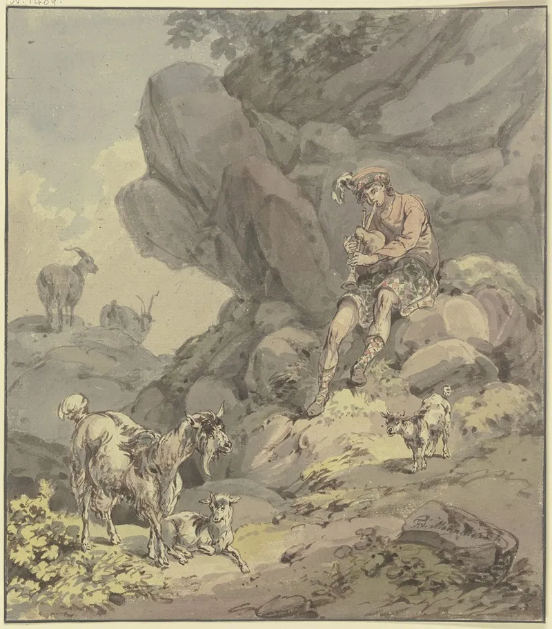 Schottischer Hirte Mit Seiner Ziegenherde Vor Einer Felswand Sitzend Dudelsack Blasend by Franz Joseph Manskirsch - Canvas Print