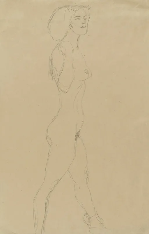 Schreitende Die Rechte Hand An Der Schulter Das Gesicht Im Dreiviertelprofil by Gustav Klimt - Canvas Print