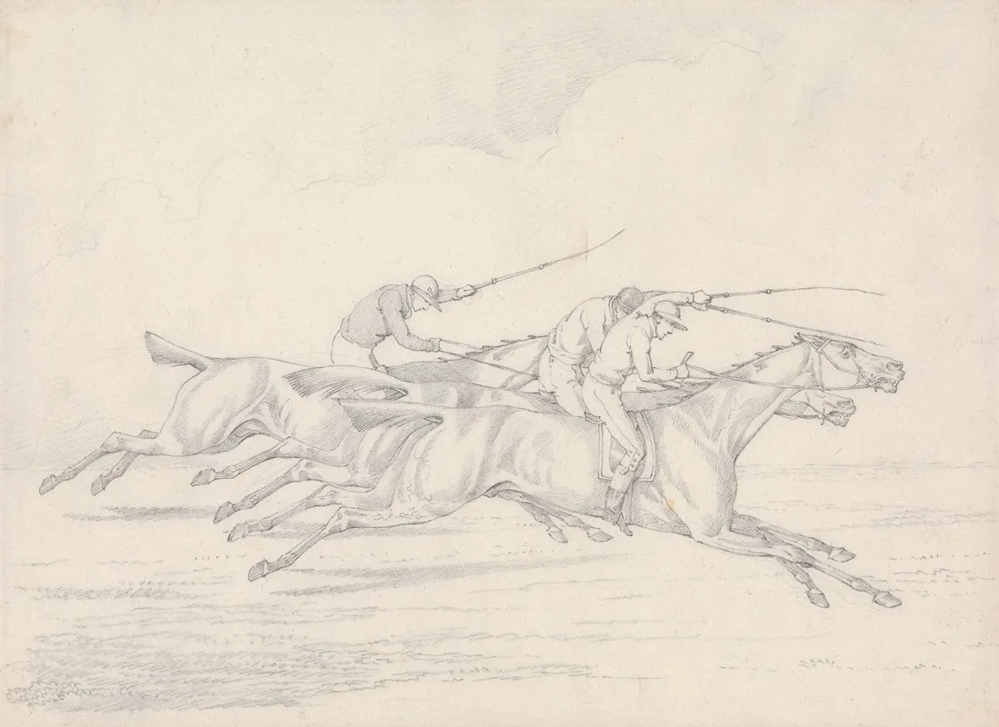 Scraps No 17 Racing Three Horses With Jockeys Up Galloping To Right