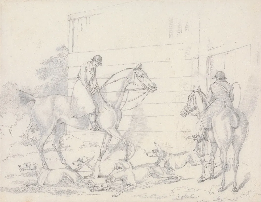 Scraps No 22 Hunting Unkennelling With Two Riders Watching