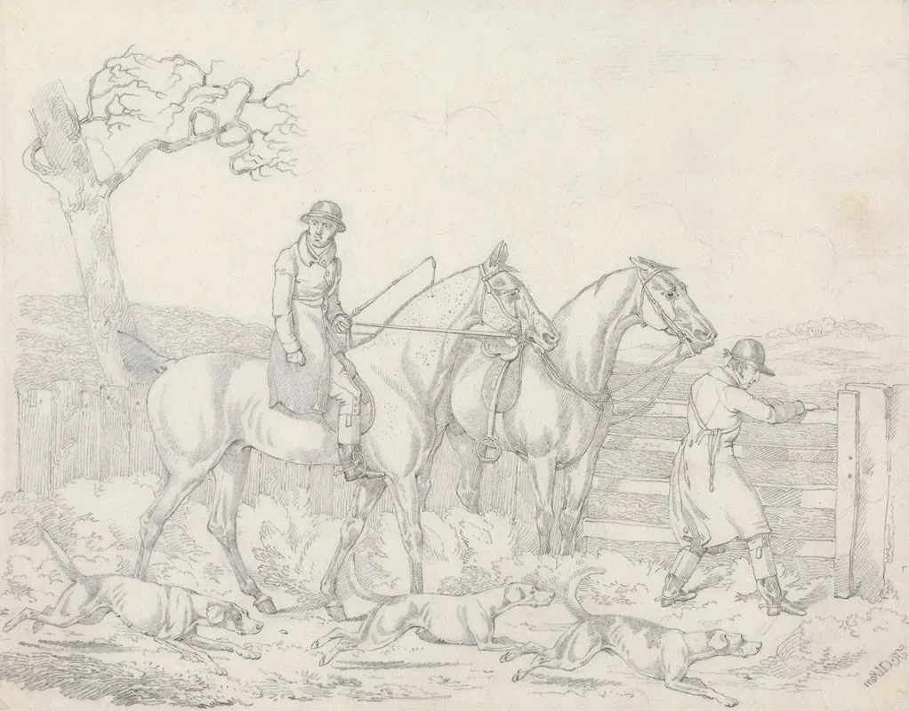 Scraps No 24 Hunting Ttwo Riders One Opening A Gate For Hounds