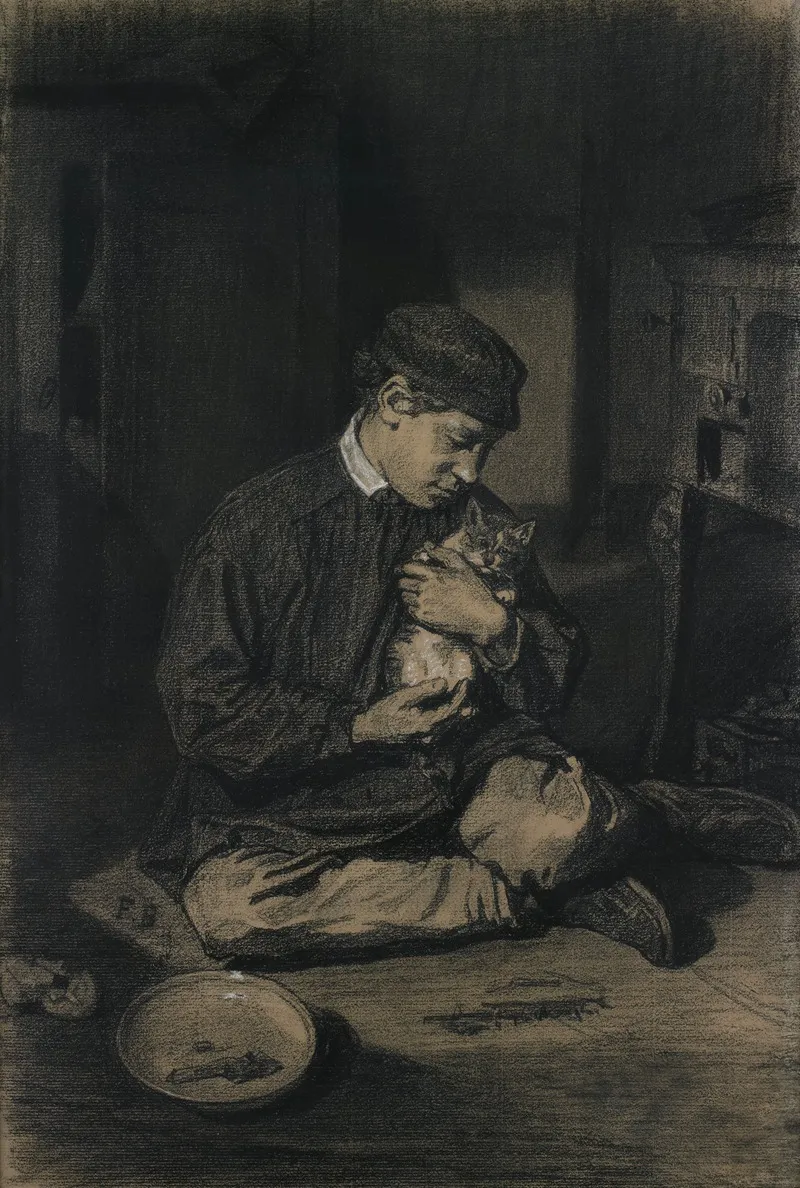 Seated Boy Holding A Cat by François Bonvin - Canvas Print