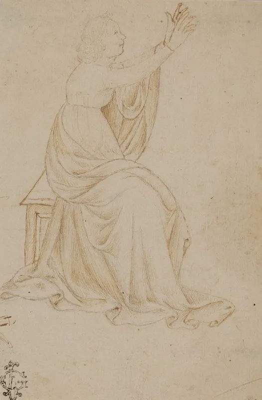 Seated Female Figure With Upraised Arms Facing Right by Veronese School - Canvas Print