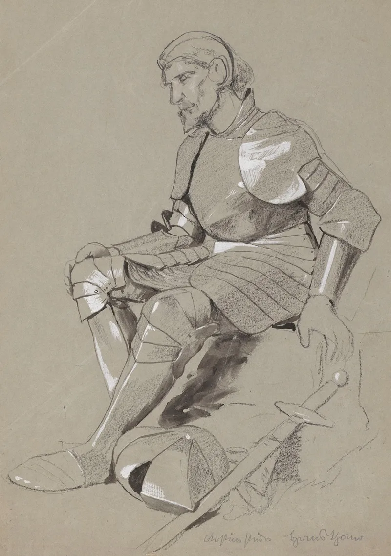 Seated Knight In Armour With A Sword And A Helmet Lying At His Feet