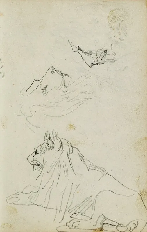 Seated Lion Two Lion Head Studies by Théodore Géricault - Canvas Print