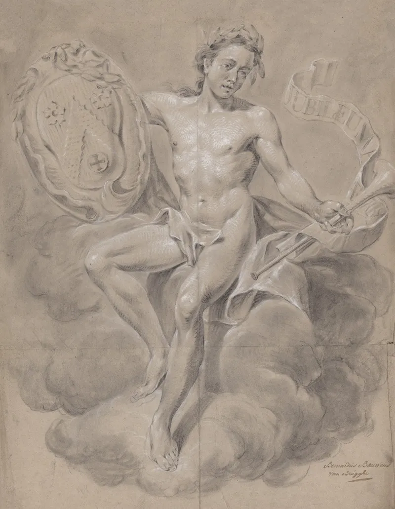 Seated Male Nude With Coat Of Arms And Trumpet 2