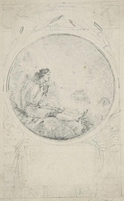 Seated Man In Circular Medallion Design For A Book Illustration