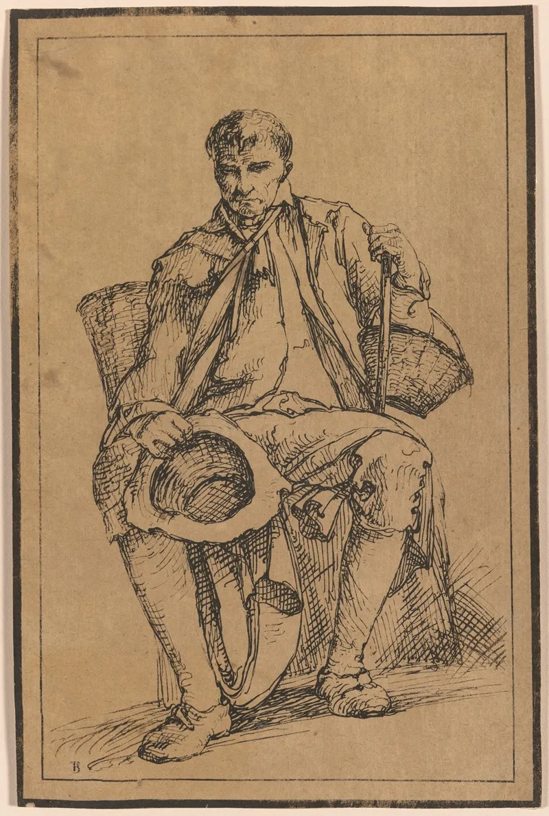 Seated Man With Baskets Holding Hat And Walking Stick by Thomas Barker - Canvas Print