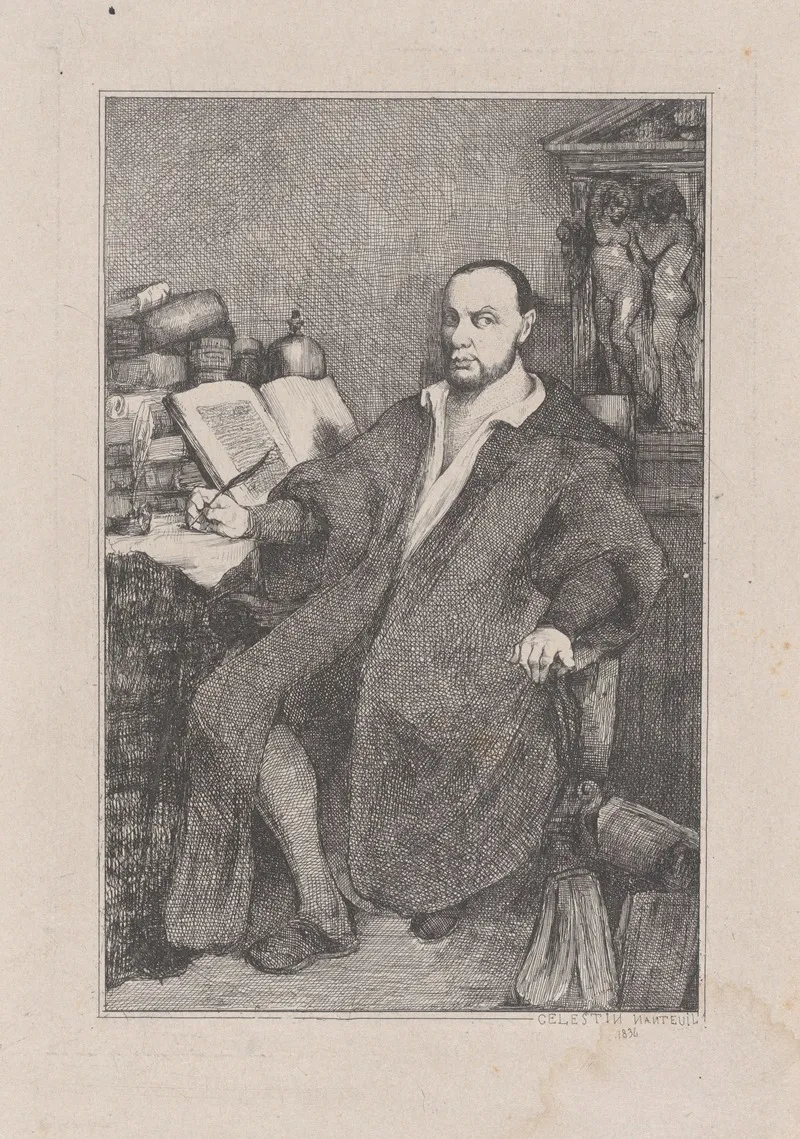 Seated Man With Quill In His Right Hand At Desk Littered With Books by Celestin Nanteuil - Canvas Print