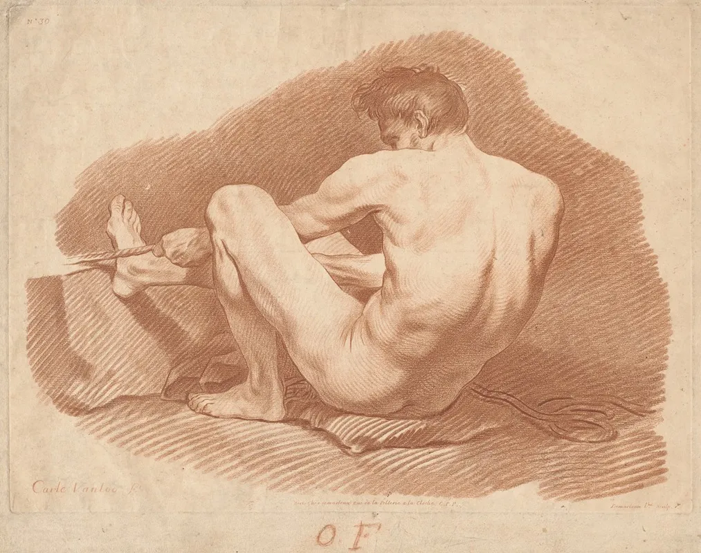 Seated Nude Man Seen From Behind Pulling A Rope
