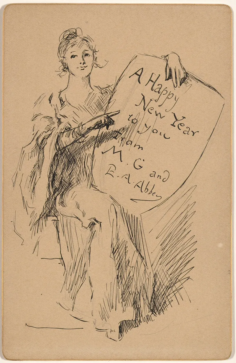 Seated Woman Holding A Shield A Happy New Year To You From M G And E A Abbey