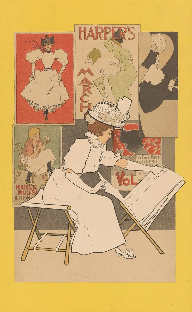 Seated Woman Looks At Prints In A Print Stand