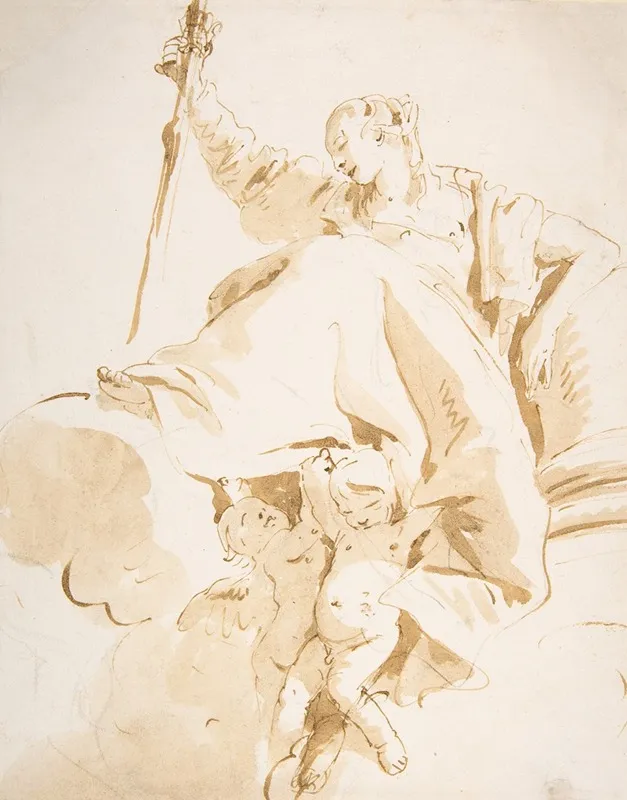 Seated Women Holding Aloft A Sword And Supported By Two Putti