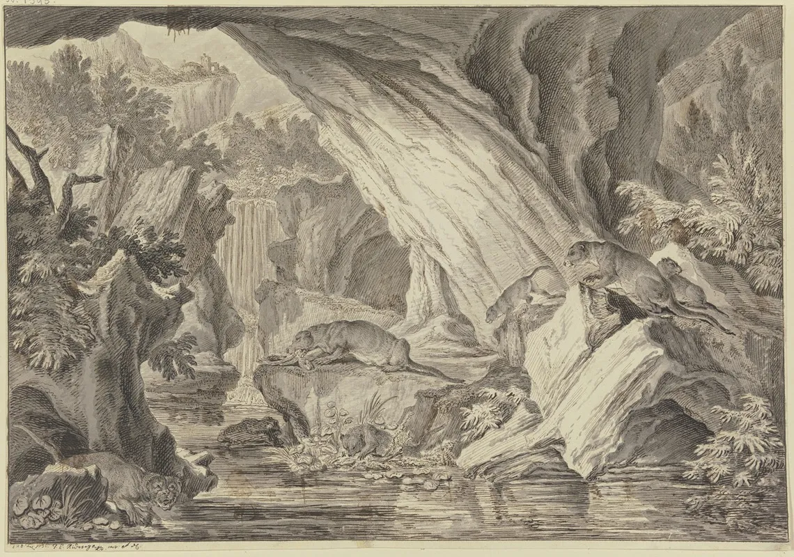 Sechs Fischotter In Einer Felsenhohle Am Wasser