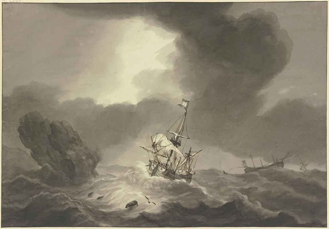 Seesturm Rechts Ein Entmastetes Schiff Links Ein Felsen An Welchem Ein Schiff Vorbeisegelt by Hendrik Kobell - Canvas Print