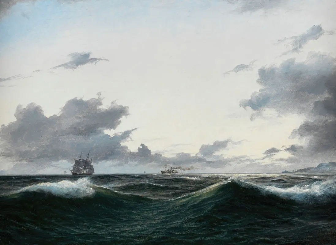 Segelschiff Und Besegelter Dampfer Auf See Vor Einer Kuste by Anton Melbye - Canvas Print