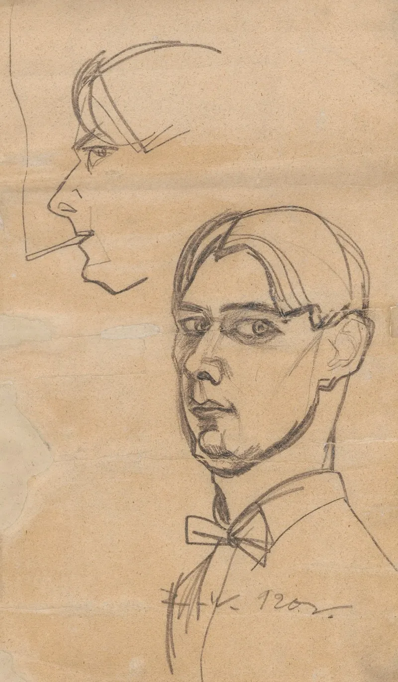 Self Portrait And Sketch Of A Head With A Cigarette