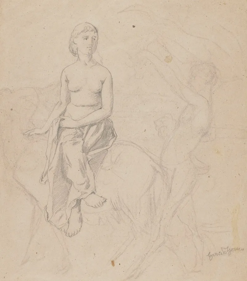 Semi Naked Female Riding A Goat And A Faun Next To Her