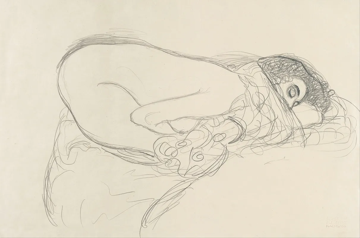 Semi Nude Leaning Forward Preparatory Work For The Painting Leda by Gustav Klimt - Canvas Print