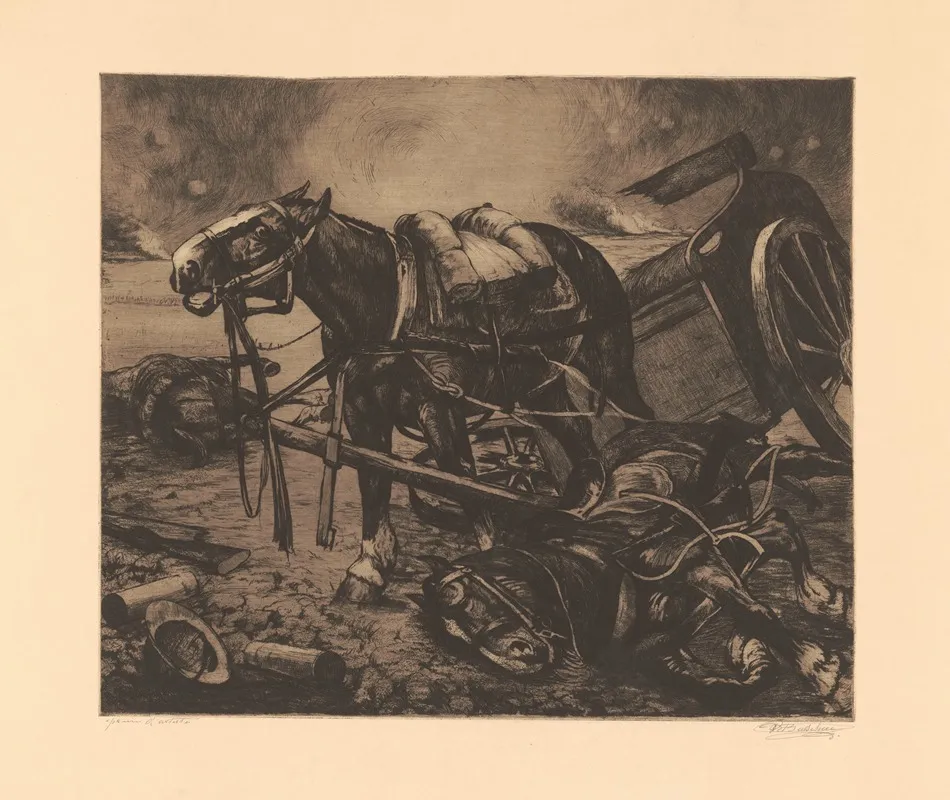 Seul Cheval Hennissant Sur Un Champ De Bataille A Demi Attele A Un Canon A Cote De Lui Un Autre Cheval Mort by Constant Eugène de Busschere - Canvas Print