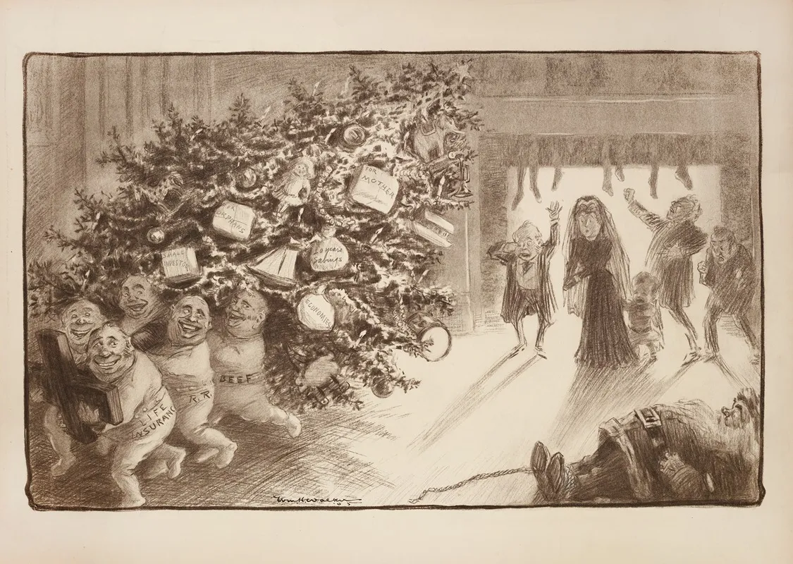 Several Figures Representing Trusts Beef Rail Road And Life Insurance Tied Up Santa And Are Stealing A Familys Christmas Tree And All Of Their Presents
