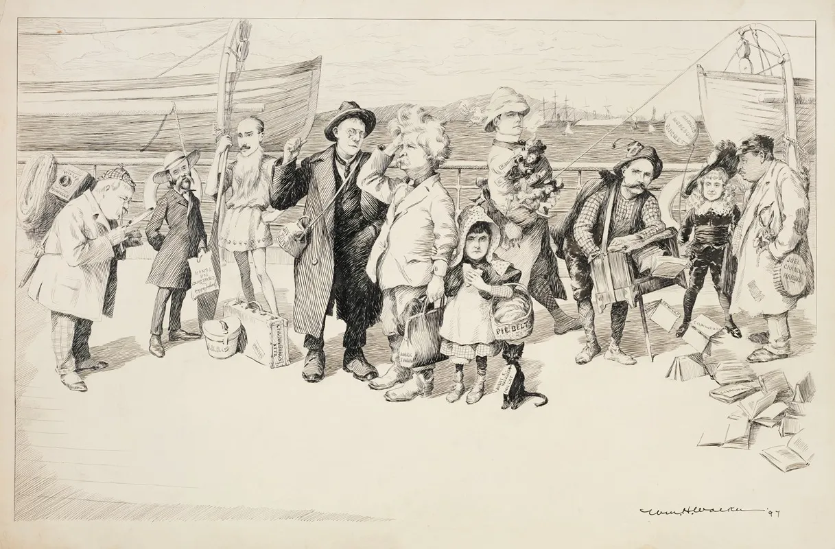 Several Historical Figures Standing On A Dock Including Mark Twain Joel Chandler Harris And Frances Hodgson Burkett