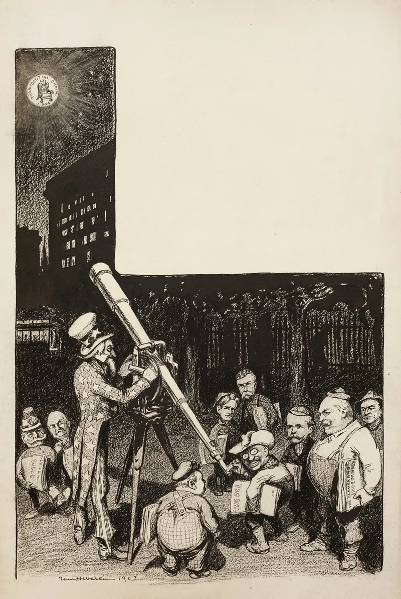 Several Men Line Up To See Through A Telescope Run By Uncle Sam To Look At The Moon Which Has On It The Presidential Chair