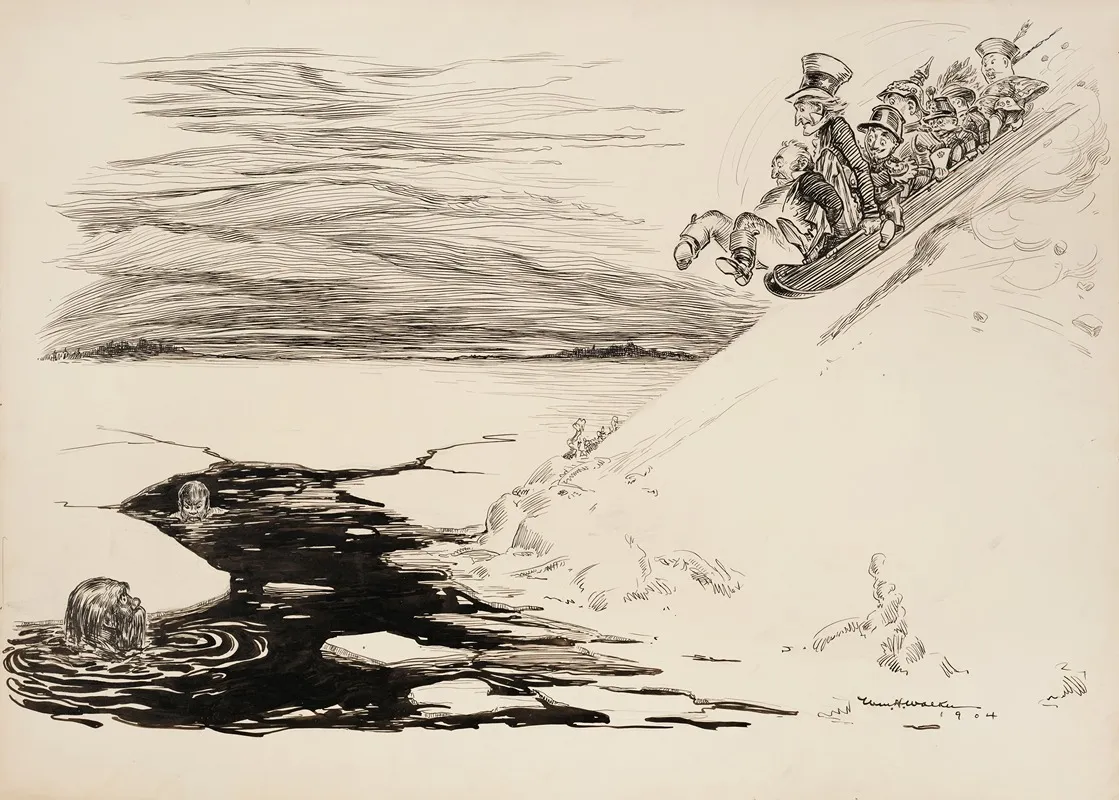 Several Men On A Toboggan Slide Down A Slope Towards A Hole In The Ice Below