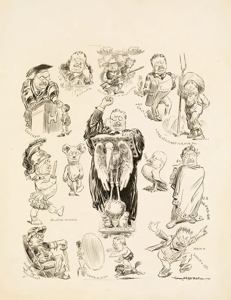 Several Portraits Of Theodore Roosevelt In Different Professions In The Center Portrait He Is Speaking At A Podium