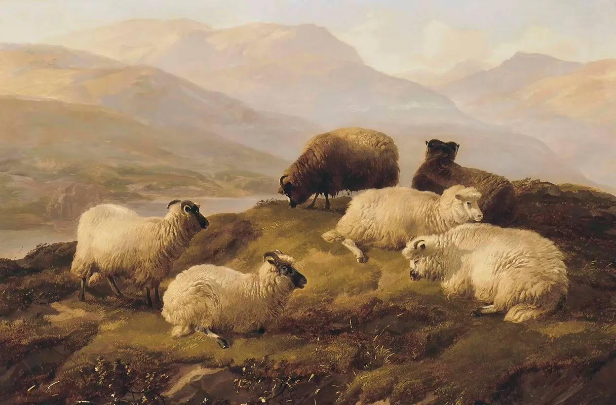 Sheep Resting In A Highland Landscape by Thomas Sidney Cooper - Canvas Print