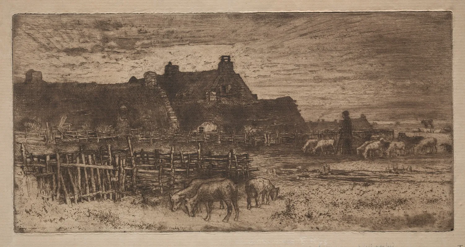 Sheepfold Sunset 1881 by Félix Hilaire Buhot - Canvas Print