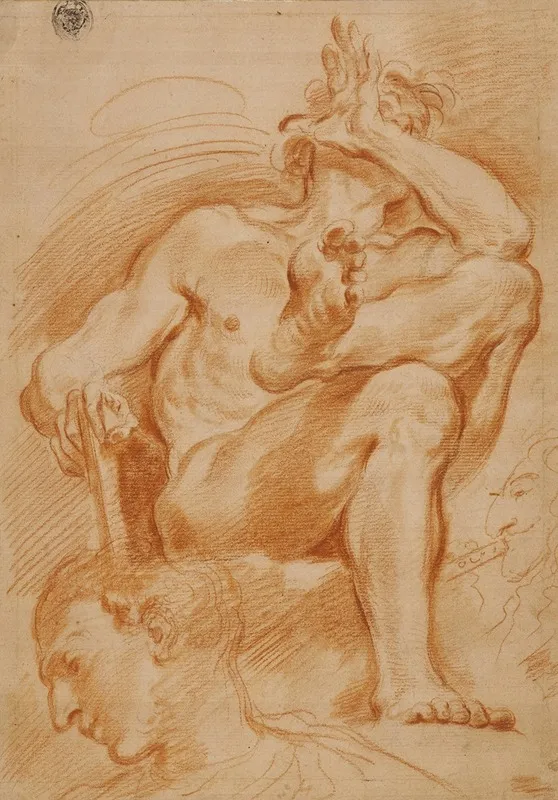 Sheet Of Studies A Seated Nude Man A Youthful Head And A Caricature Head Of A Man Playing A Pipe