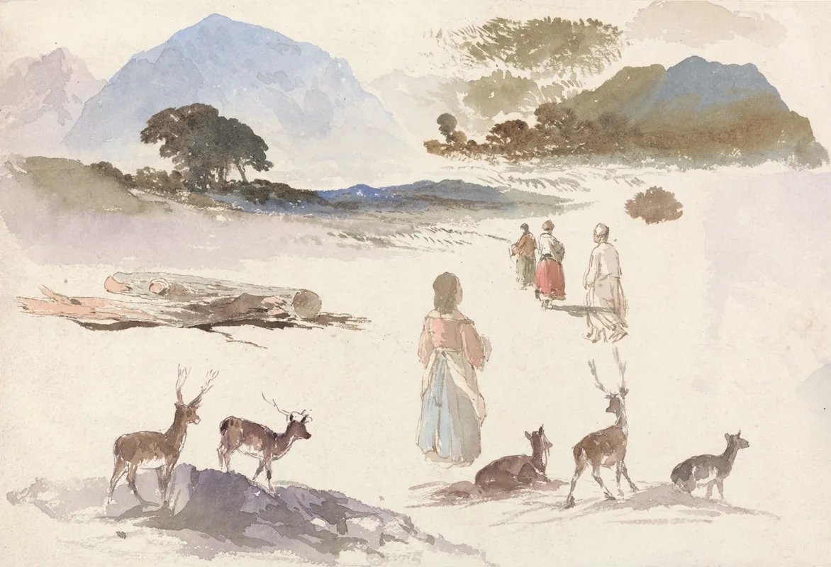 Sheet Of Studies Of Deer Figures And Landscape