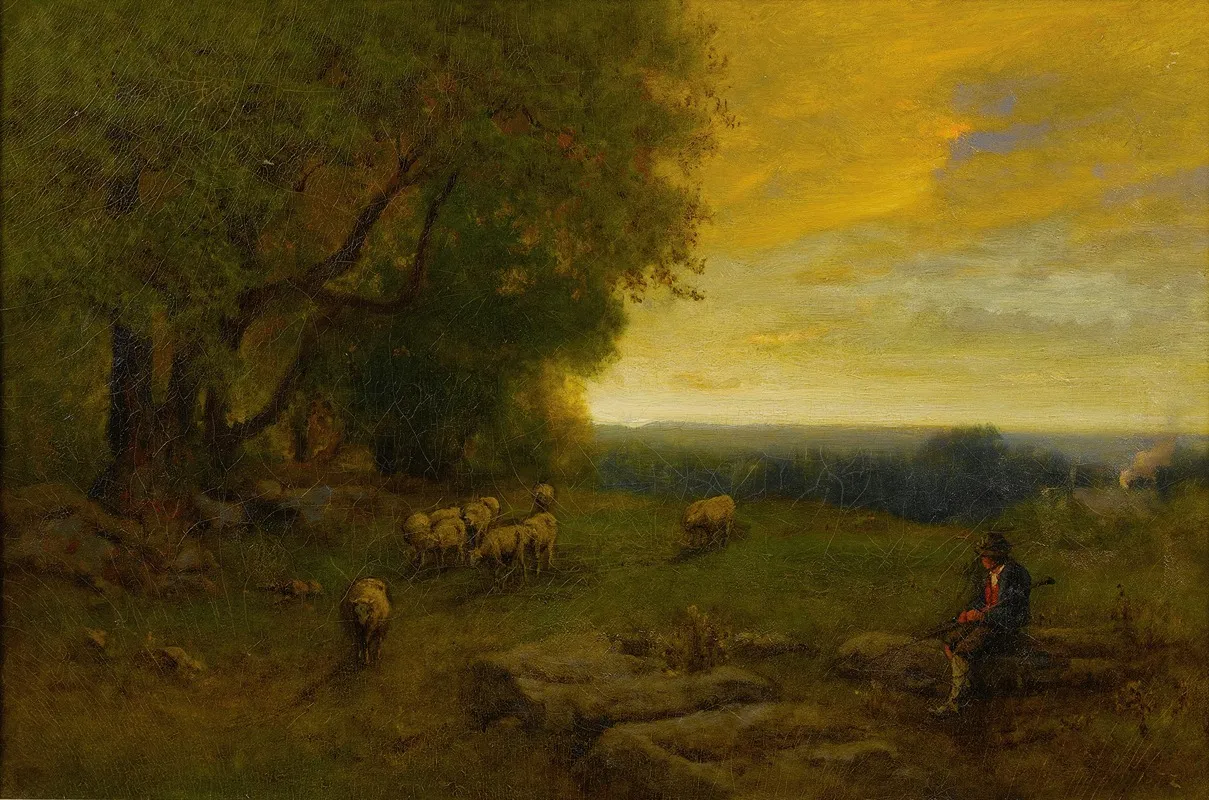 Shepherd And Flock At Sunset by George Inness - Canvas Print