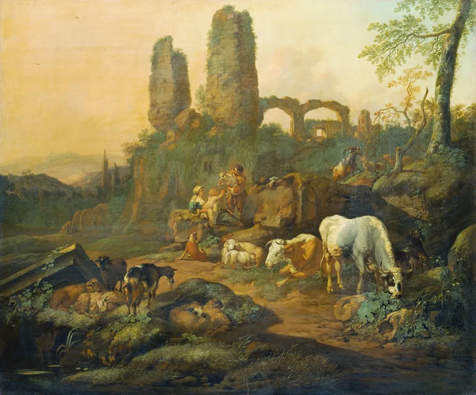 Shepherd Family Resting Near An Ancient Ruin