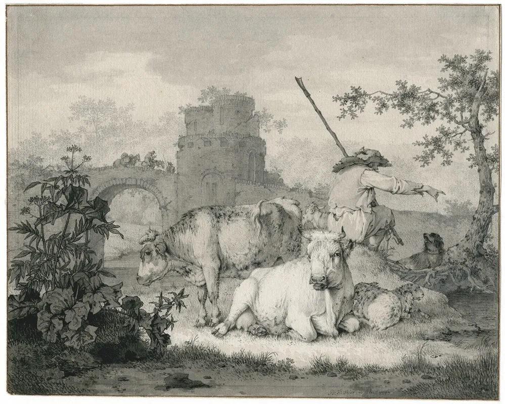 Shepherd With Cattle In Front Of Ruins