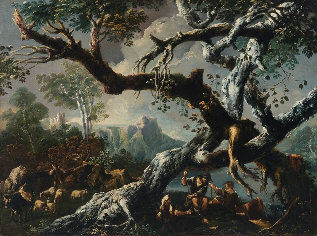 Shepherds Beneath A Tree On A Clifftop
