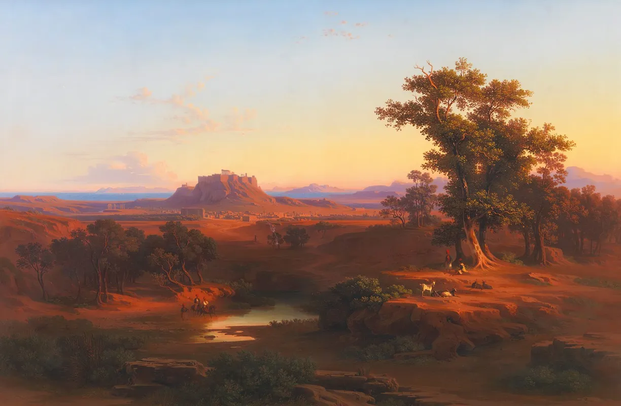 Shepherds In A Bucolic Athenean Landscape With The Acropolis And Piraeus Beyond by András Markó - Canvas Print