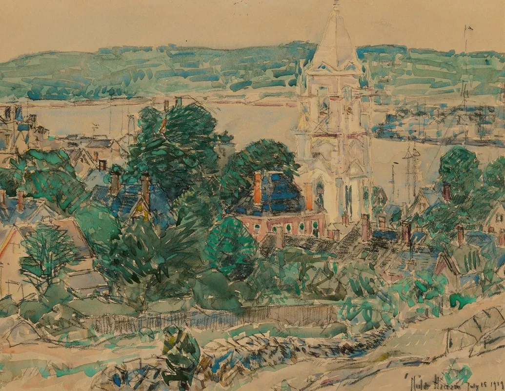 Shingling The First Baptist Church Gloucester Study by Childe Hassam - Canvas Print