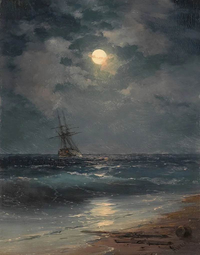Ship By Moonlight by Ivan Konstantinovich Aivazovsky - Canvas Print
