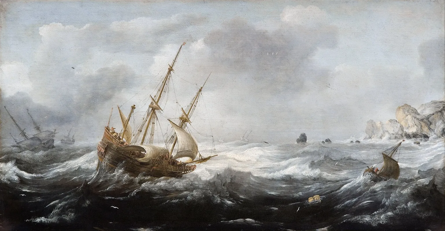 Ships In A Storm On A Rocky Coast by Jan Porcellis - Canvas Print